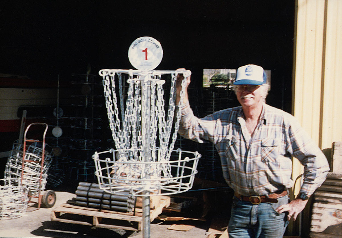 Ed Headrick working on a basket prototype design he would later patent and release as the Mach III.
