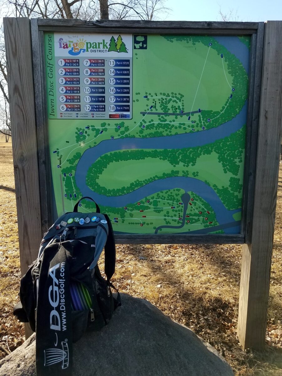 View of the course map and welcome sign at Iwen Park North in Fargo, North Dakota.